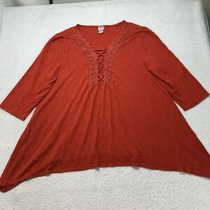 Chico's 3 Women's XL Burnt Orange 3/4 Sleeve Lace Neckline Boho Pullover Blouse